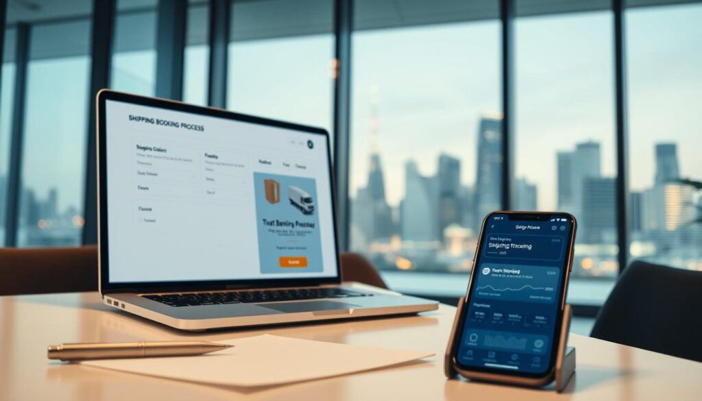 A modern, minimalist office setting with a clean, well-lit atmosphere. In the foreground, a laptop display showcases a shipping booking process interface, with intuitive controls and clean typography. The middle ground features a neatly organized desk with a pen, notepad, and a smartphone displaying shipping tracking information. In the background, a large window overlooking a bustling city skyline, with a subtle warm-toned lighting filtering through. The overall scene conveys a sense of efficiency, professionalism, and a seamless shipping experience.