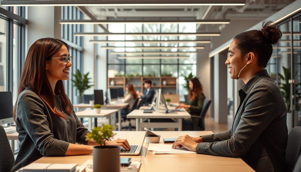 A modern, minimalist office space with a warm, inviting atmosphere. In the foreground, a customer service representative engages with a client, their expressions conveying attentiveness and care. The middle ground features neatly organized workstations, suggesting efficiency and attention to detail. In the background, large windows let in natural light, creating a sense of openness and transparency. The color palette is muted, with accents of subtle greens and blues, evoking a calming, professional ambiance. The overall scene reflects a customer-centric approach, where the needs and experiences of the client are the top priority.