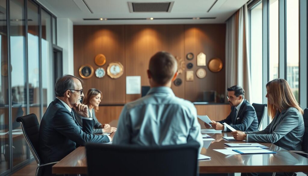 A modern office interior, bathed in warm, directional lighting from large windows. In the foreground, a panel of executives seated around a conference table, intensely reviewing employee evaluation documents. Their expressions convey a sense of focus and diligence. In the middle ground, an employee stands nervously before them, undergoing a performance review. The background features walls adorned with corporate awards and accolades, hinting at the prestigious nature of the selection process. The overall atmosphere is one of professionalism, rigor, and high standards, befitting a prestigious employer evaluation.