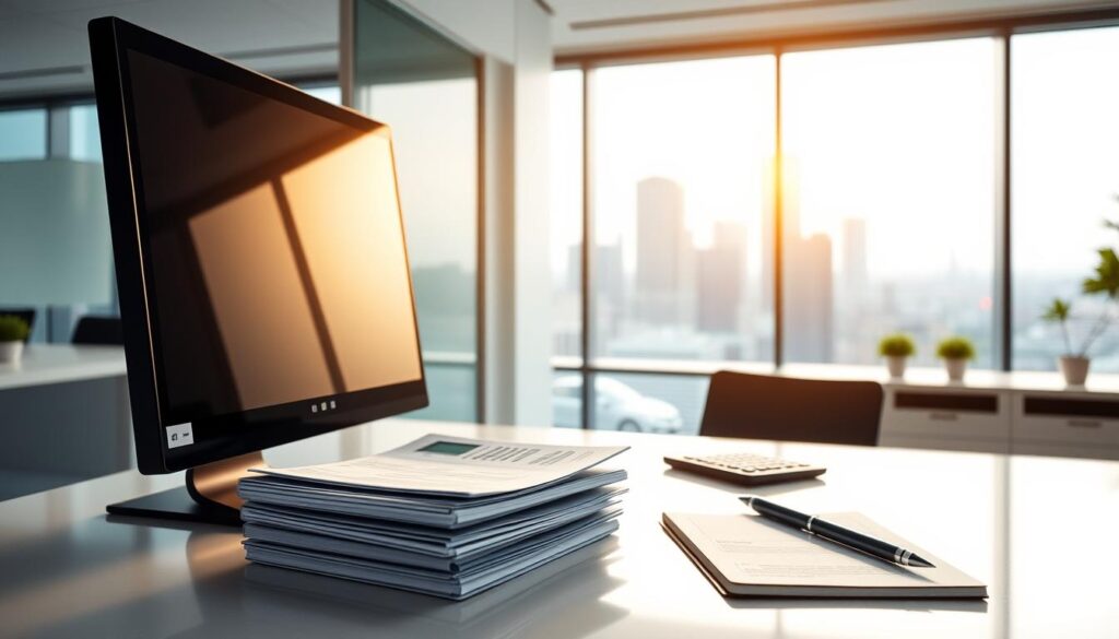 A modern office workspace with a sleek, minimalist design. In the foreground, a desktop computer and a stack of financial documents, conveying the idea of researching and analyzing fixed deposit rates. The middle ground features a calculator, a pen, and a notebook, suggesting the process of calculating and comparing different deposit options. The background showcases a large window overlooking a cityscape, with a warm, golden lighting filtering through, creating a sense of professionalism and financial security. The overall atmosphere is one of thoughtful, analytical decision-making, reflecting the section title "Factors to Consider When Choosing a Fixed Deposit".