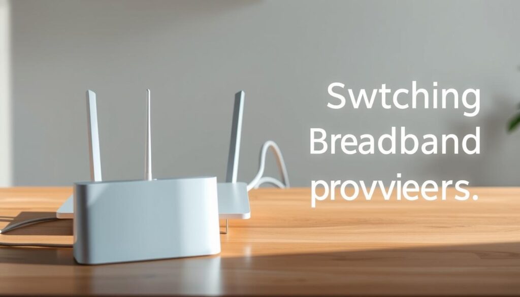 A modern, sleek broadband router standing prominently in the foreground, its clean lines and glossy finish reflecting the ambient lighting. In the middle ground, a network cable snakes across a minimalist wood-grain desk, symbolizing the connection to the wider digital world. The background is softly blurred, conveying a sense of focus on the technology at hand. The overall scene exudes a professional, efficient atmosphere, perfectly suited to illustrate the topic of switching broadband providers in Singapore.