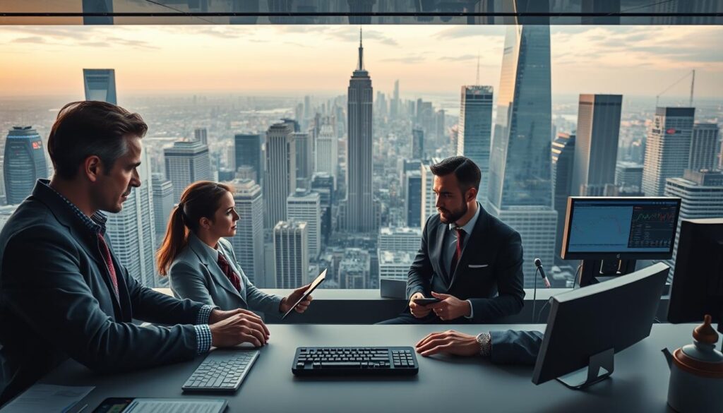 A modern, sleek trading platform with a panoramic view of a bustling city skyline. In the foreground, a clean, intuitive user interface with customizable widgets and real-time data displays. The middle ground features a team of focused traders, their expressions intense as they analyze market trends on high-resolution screens. The background showcases the skyscrapers of a dynamic financial hub, bathed in the warm glow of golden hour lighting. The scene conveys a sense of efficiency, innovation, and the thrill of active investment, captured through a cinematic, wide-angle lens.