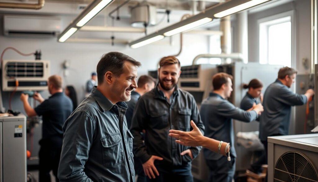 A modern, well-equipped air conditioning repair workshop with a team of technicians diligently servicing a customer's unit. The scene is bathed in warm, diffused lighting, creating a welcoming atmosphere. In the foreground, a smiling technician explains the repair process to an attentive customer, showcasing their expertise and commitment to personalized service. In the background, other technicians can be seen working on various air conditioning systems, reflecting the company's efficiency and high-quality workmanship. The overall impression is one of professionalism, attention to detail, and a genuine focus on addressing the customer's needs.