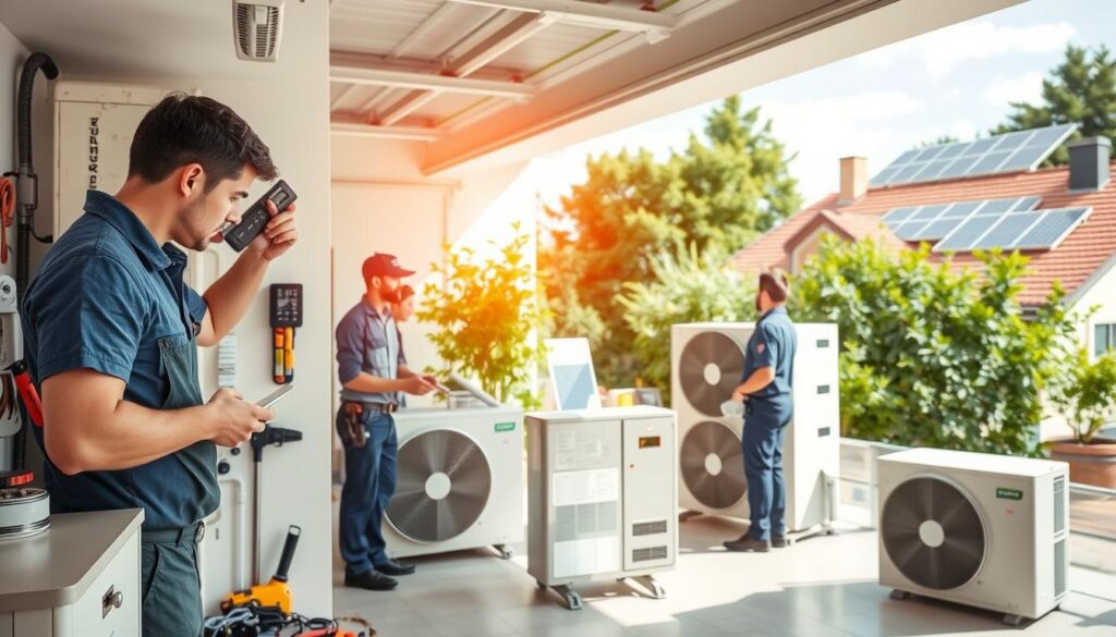 A modern, well-equipped air conditioning service center, with a clean, bright interior and a team of skilled technicians. In the foreground, a technician performing a thorough inspection of a residential unit, surrounded by various tools and equipment. In the middle ground, a sleek, high-efficiency air conditioning system prominently displayed, highlighting the company's focus on innovative technology. The background showcases the company's commitment to sustainability, with lush greenery and solar panels on the roof, conveying an eco-friendly atmosphere. Warm, natural lighting illuminates the scene, creating a welcoming and professional ambiance.
