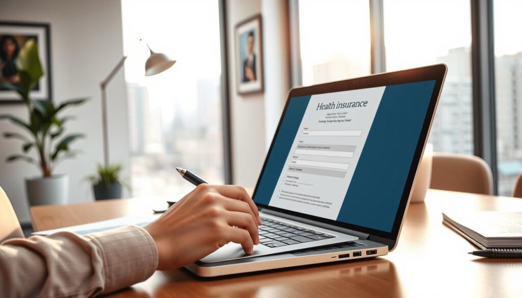 A modern, well-lit office interior with a focused desk scene. In the foreground, a hand is filling out a health insurance application form on a laptop screen, with a pen and a stack of documents nearby. The middle ground features a potted plant, a stylish desk lamp, and a framed artwork on the wall. The background shows a large window overlooking a cityscape, bathed in warm, natural light. The overall atmosphere is professional, organized, and conveys a sense of diligence and attention to detail in the health insurance application process.