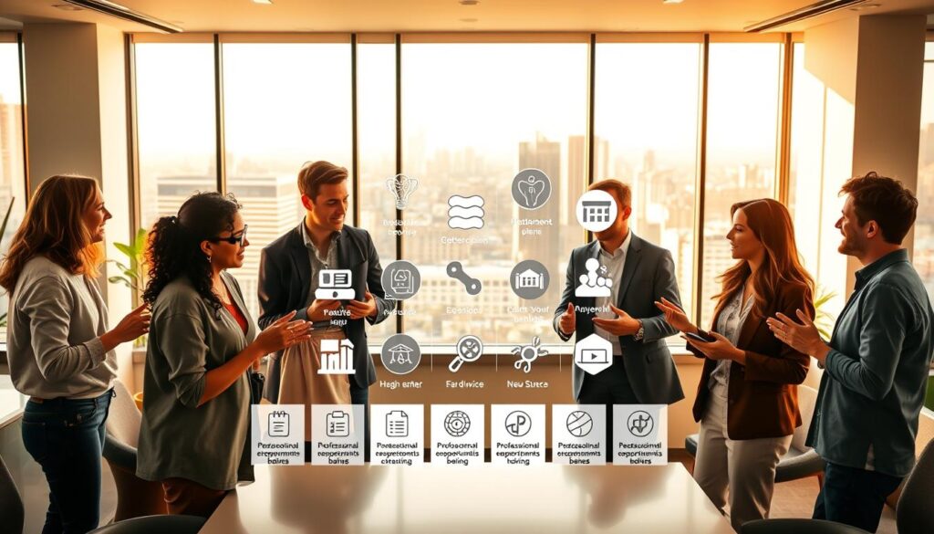 A modern, well-lit office setting with a warm, inviting atmosphere. The foreground features a group of diverse employees engaged in lively discussions, gesturing animatedly as they discuss their benefits package. The middle ground showcases an array of icons and infographics representing various employee perks such as healthcare, retirement plans, childcare support, and professional development opportunities. In the background, a large window overlooks a vibrant cityscape, conveying a sense of opportunity and growth. The overall scene exudes a positive, collaborative energy, highlighting the exceptional employee benefits that distinguish these leading companies.