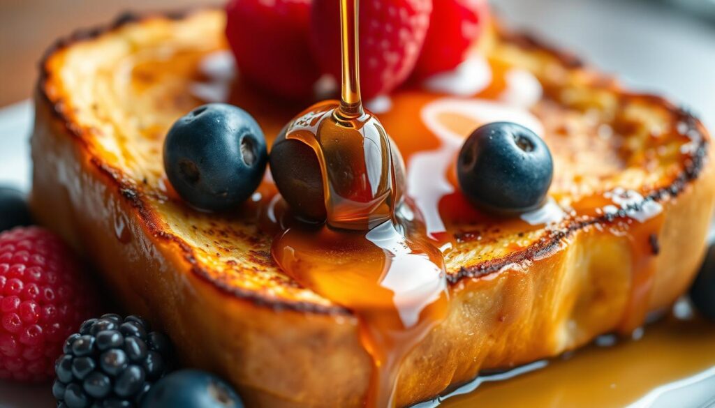 A mouthwatering close-up of freshly baked french toast, drizzled with golden maple syrup and adorned with plump, juicy berries. The soft, buttery bread glistens under warm, natural lighting, inviting the viewer to imagine the delightful, fluffy texture. The composition is centered, with the toast filling the frame and the berries strategically placed to create an aesthetically pleasing, Instagram-worthy arrangement. The overall mood is one of indulgence and sophistication, perfectly capturing the essence of an elevated brunch experience.