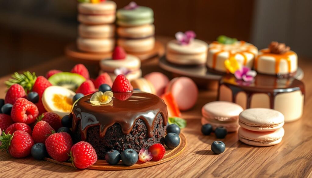 A mouthwatering display of vegan desserts artfully arranged on a wooden table, bathed in soft, warm lighting. In the foreground, a rich, decadent chocolate cake with a glossy ganache topping, surrounded by an assortment of vibrant, colorful fruits such as raspberries, blueberries, and sliced kiwi. In the middle ground, delicate vegan macarons in pastel shades, their smooth surfaces reflecting the light. In the background, a selection of creamy cashew-based cheesecakes, garnished with edible flowers and a drizzle of caramel sauce. The scene emanates a sense of indulgence and joy, inviting the viewer to savor the delectable, plant-based treats.
