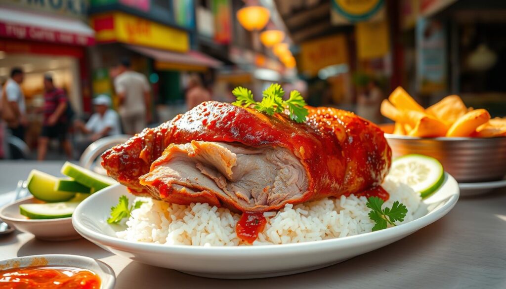 A mouthwatering roast pork dish, the golden-brown skin glistening with a crisp, caramelized layer, revealing juicy, tender meat within. The pork rests on a bed of steaming white rice, complemented by a vibrant array of garnishes - sliced cucumber, chili sauce, and a sprinkle of fresh coriander. The scene is illuminated by warm, natural lighting, casting a inviting glow over the table setting. The background is a bustling Singapore street scene, with colorful shophouses and the hum of activity in the distance. A classic Singaporean feast, captured in vivid detail.