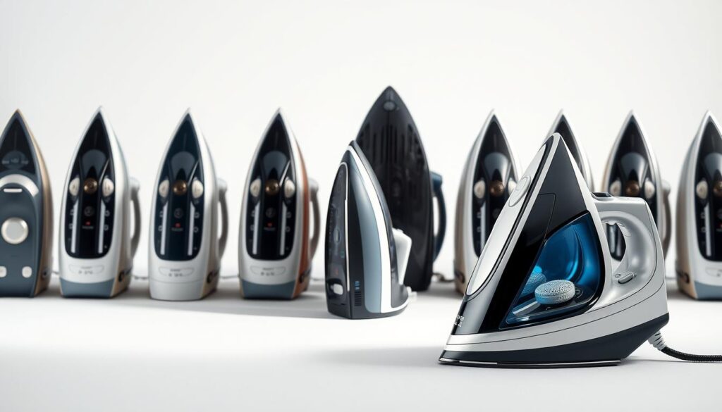 A neatly arranged array of top-of-the-line steam irons, meticulously crafted with sleek, modern designs. The irons are positioned against a minimalist, light-colored background, allowing their striking features to take center stage. The foreground showcases the intricate details of the steam vents, temperature controls, and water tanks, inviting the viewer to appreciate the thoughtful engineering. In the middle ground, the irons are presented in a variety of colors and styles, highlighting the diverse options available. Soft, directional lighting casts subtle shadows, adding depth and dimensionality to the scene. The overall mood is one of sophistication and practicality, reflecting the high-quality standards of the featured steam irons.