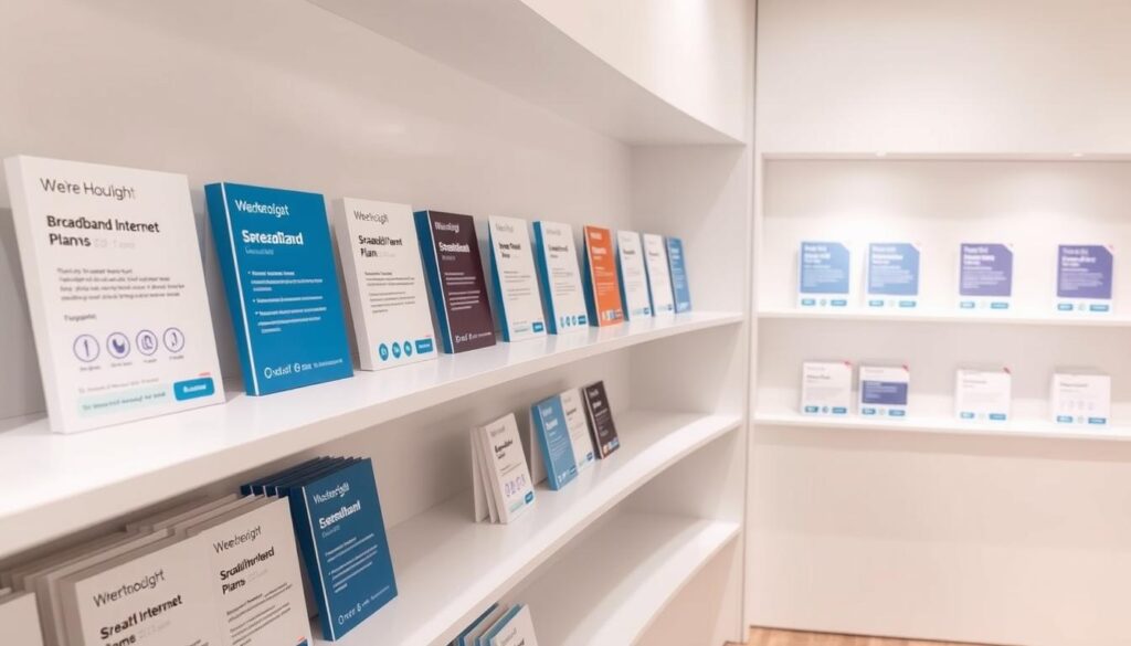 A neatly arranged display of various broadband internet plan options, presented on sleek, minimalist white shelves. The plans are showcased with clear icons, concise descriptions, and pricing details, allowing easy comparison. The lighting is soft and even, accentuating the clean, modern aesthetic. The camera angle is slightly elevated, providing a comprehensive view of the selection, while maintaining a sense of balance and symmetry. The overall mood is one of clarity, organization, and helpful decision-making, reflecting the section title "How to Choose the Right Broadband Plan for Your Needs".