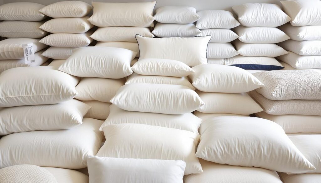 A neatly arranged display of various pillow types, showcasing their distinct shapes, textures, and materials. In the foreground, a collection of plush, down-filled pillows in different sizes and hues, ranging from classic white to soothing pastels. In the middle ground, a selection of memory foam pillows in ergonomic designs, as well as supportive orthopedic options. The background features a variety of specialty pillows, such as body pillows, travel pillows, and pillows for side sleepers, all expertly lit to highlight their unique features. The overall scene exudes a serene, inviting atmosphere, guiding the viewer to envision the perfect pillow for their individual sleep needs.