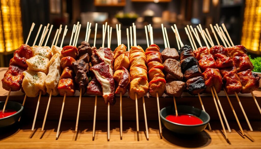 A neatly arranged display of yakitori skewers on a wooden surface, illuminated by warm, soft lighting. The skewers feature an assortment of grilled meats, including chicken, pork, and beef, each with a glistening, caramelized exterior. The arrangement is complemented by small dishes of dipping sauces and garnishes, creating a visually appealing and authentic Japanese dining experience. The background is blurred, focusing the viewer's attention on the delectable yakitori presentation, evoking the essence of a traditional Nanbantei Japanese Restaurant in the heart of Chinatown, Singapore.