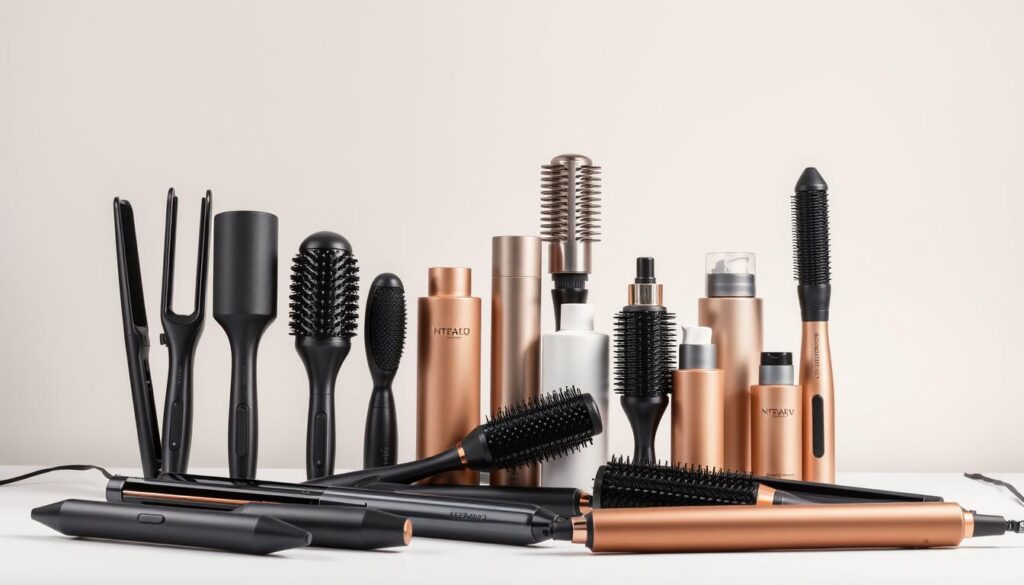 A neatly arranged still life of high-quality hair styling tools for thick hair, showcased in a well-lit, professional studio setting. In the foreground, an array of premium hair straighteners, diffusers, and volumizing brushes in sleek, modern designs. The middle ground features a selection of high-performance hair products, such as smoothing serums and volumizing mousses, arranged artfully. The background subtly blends into a neutral, softly-lit backdrop, allowing the styling tools to take center stage and highlight their features and capabilities. The overall mood is one of sophistication, quality, and suitability for the needs of those with thick, unruly hair.