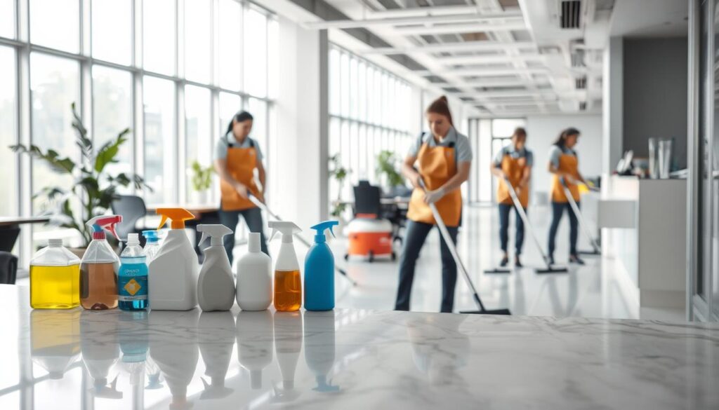 A professional cleaning service workspace, with a team of cleaners in uniform efficiently carrying out their duties. The foreground features a cleanly wiped down counter, with various cleaning supplies neatly arranged. The middle ground showcases the team members using advanced equipment like vacuum cleaners and mops to clean the floor and surfaces. The background depicts a modern, well-lit office space with large windows, conveying a sense of cleanliness and order. The lighting is soft and natural, creating a calming, professional atmosphere. The entire scene exudes a sense of expertise, organization, and attention to detail - encapsulating the essence of a top-tier professional cleaning service.
