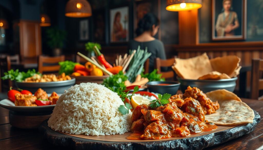 A richly detailed scene of a Malaysian culinary feast, presented in a warm, inviting atmosphere. The foreground features a selection of iconic Malaysian dishes, including fragrant nasi goreng (fried rice), spicy rendang, and flaky roti canai, artfully arranged on a rustic wooden table. The middle ground showcases a vibrant display of colorful ingredients, such as fresh herbs, chili peppers, and lemongrass, hinting at the depth of flavors. In the background, a cozy, dimly lit restaurant setting with wooden accents and traditional Malaysian artwork sets the mood. The lighting is soft and warm, casting a inviting glow over the scene. The overall composition conveys the essence of the diverse and flavorful Malaysian cuisine, ready to be savored.
