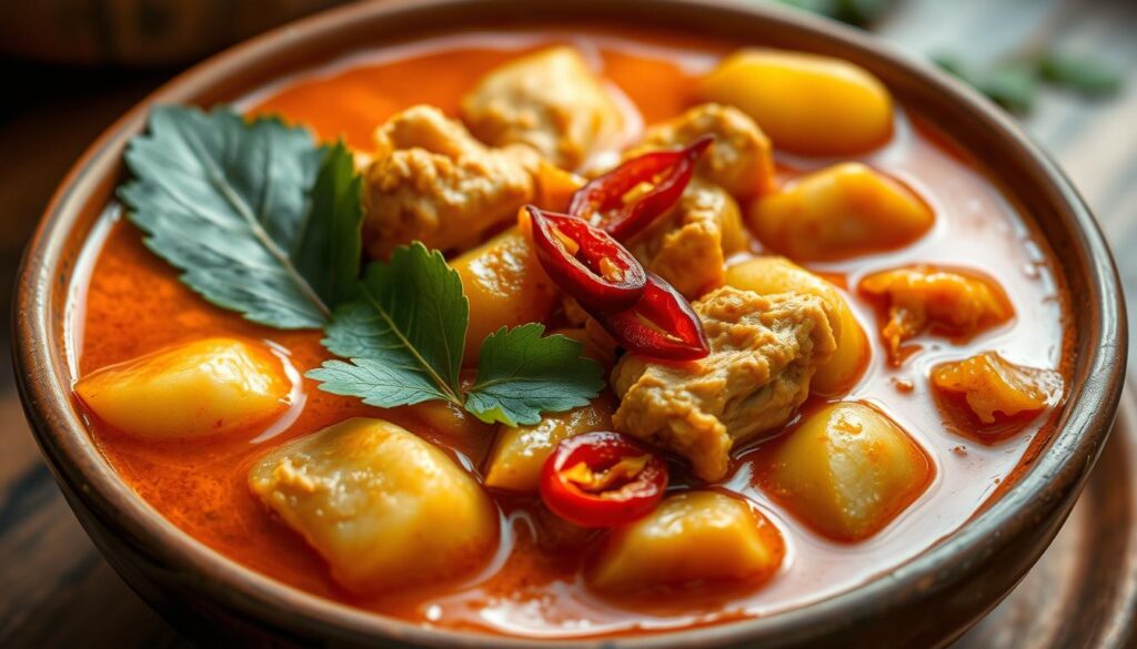 A richly hued Nyonya-style curry, simmered with tender chicken, potatoes, and aromatic spices. The dish is presented in a shallow clay bowl, its deep orange-red broth glistening under the warm, diffused lighting. Lush green kaffir lime leaves and sliced red chilies add vibrant pops of color, while the creamy, coconut-infused sauce coats each bite. The overall scene evokes the cozy, homely ambiance of a traditional Singaporean kitchen, inviting the viewer to savor the comforting, complex flavors of this beloved regional dish.