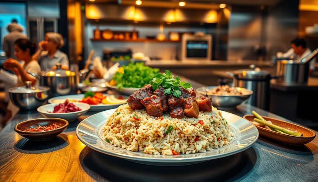 A richly textured scene of global and local cuisine on a gleaming stainless steel countertop, bathed in warm, golden lighting. In the foreground, an elaborate plate showcases a harmonious blend of Singaporean and international culinary influences - tender, marinated meat atop a bed of fragrant, aromatic rice, accented with vibrant, fresh herbs and spices. In the middle ground, an assortment of ingredients, cookware, and preparation tools speak to the meticulous craftsmanship behind the dish. The background reveals a sleek, modern kitchen, hinting at the high-end establishment where this masterful fusion of flavors is served. The overall atmosphere conveys a sense of refined elegance, craftsmanship, and a celebration of diverse culinary traditions.