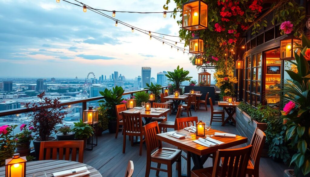 A rooftop garden oasis atop the iconic Black Pearl, with lush greenery and vibrant floral accents. Warm, soft lighting from strategically placed lanterns casts a cozy glow, creating an inviting ambiance. Wooden tables and chairs set the scene, allowing diners to enjoy a picturesque city skyline in the distance. The scene is captured through a wide-angle lens, emphasizing the expansive, open-air atmosphere. A sense of tranquility and indulgence permeates the space, perfect for an elevated dining experience.