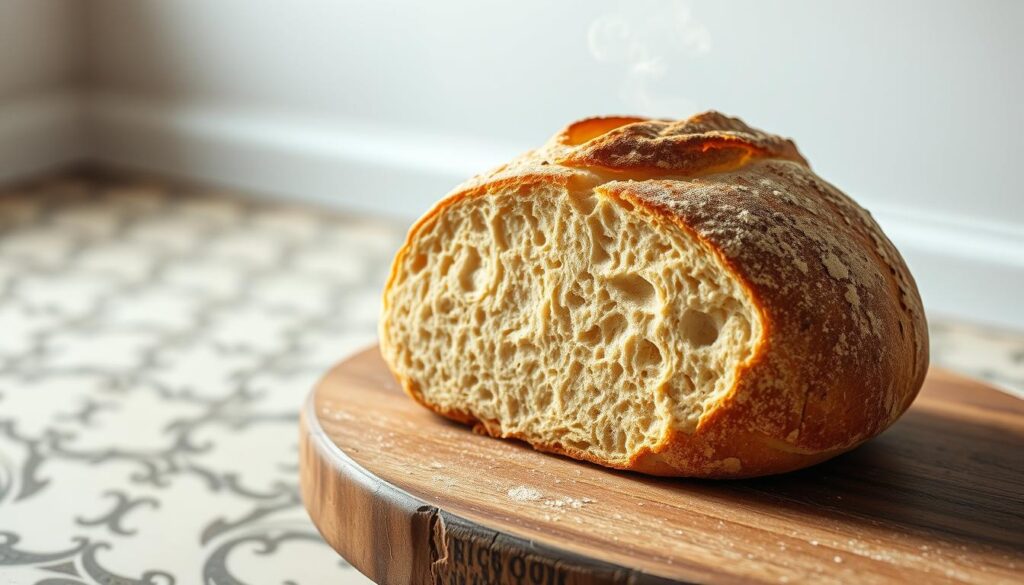 A rustic artisanal sourdough loaf, freshly baked, resting on a wooden board. The golden crust glistens under soft, natural lighting, revealing a delicate web of air pockets within the crumb. Wispy tendrils of steam rise from the warm bread, hinting at its satisfying chewiness. In the background, a vintage-inspired tile floor and minimalist white walls create a simple, elegant setting, allowing the star of the show - the artisanal bread - to take center stage. The entire scene is captured with a shallow depth of field, focusing the viewer's attention on the intricate textures and craftsmanship of this exemplary specimen of sourdough perfection.