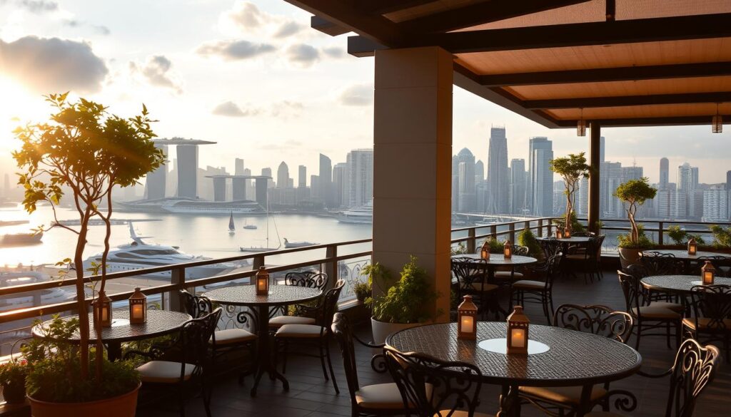 A scenic rooftop dining terrace in Singapore, bathed in warm evening sunlight. The foreground features a well-appointed outdoor dining area with elegant wrought-iron tables and chairs, lush potted plants, and small ornamental lanterns casting a soft glow. The middle ground showcases the iconic city skyline, with the Marina Bay Sands hotel and other high-rise buildings in the distance. The background is a panoramic view of the harbor, with sailboats and luxury yachts dotting the sparkling waters. The overall atmosphere is one of refined sophistication and tranquil ambiance, inviting guests to savor delectable cuisine while taking in the breathtaking vistas of the city.