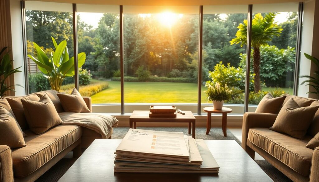 A serene and cozy living room setting, with a large panoramic window offering a stunning view of a lush, verdant garden. Sunlight streams through the window, casting a warm, golden glow on the comfortable sofa and armchair arrangement. On the coffee table, a stack of home insurance brochures and documents, carefully arranged to showcase the best plans available in Singapore. The overall atmosphere is one of trust, security, and attention to detail, reflecting the importance of finding the right home insurance coverage.