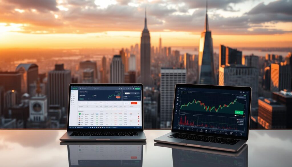 A serene and intuitive trading platform set against a backdrop of a bustling cityscape. In the foreground, a clean and streamlined interface with easy-to-navigate menus and clear visualizations of stock prices and performance data. The middle ground features a laptop displaying the platform's user-friendly dashboard, showcasing its simplicity and accessibility for beginners. The background is a panoramic view of a modern metropolis, symbolizing the global reach and connectivity of the platform. Warm lighting illuminates the scene, creating a sense of professionalism and reliability. The overall atmosphere conveys a welcoming and approachable experience for those new to the world of investing.