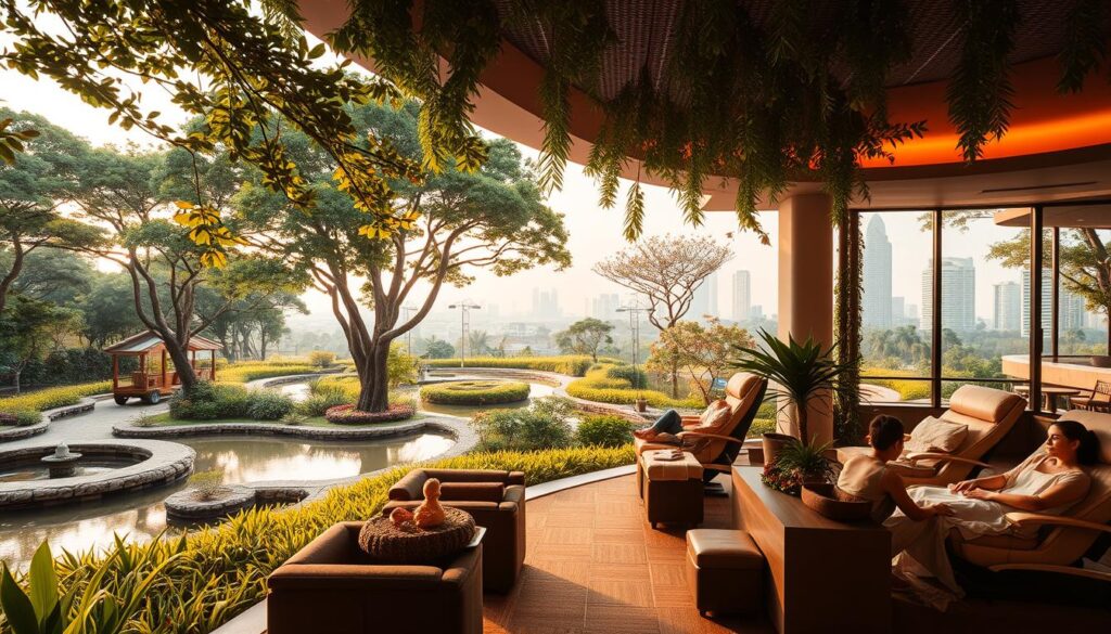 A serene oasis in the heart of Singapore, with lush greenery and tranquil ponds. In the foreground, a cozy foot massage studio with plush chairs and soothing lighting. Clients relax as skilled therapists tend to their weary feet. The middle ground features a lush garden, with winding paths and calming water features. In the background, the iconic Singapore skyline, a perfect blend of modernity and nature. Warm, golden tones bathe the scene, creating a sense of comfort and relaxation. The overall atmosphere is one of rejuvenation and tranquility, inviting visitors to indulge in the best foot massage experiences Singapore has to offer.