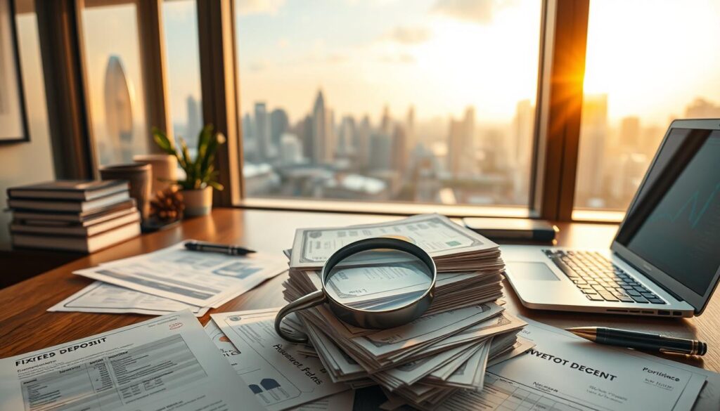 A serene office setting with a wooden desk, a laptop, and several financial documents. In the foreground, a variety of investment options are displayed, such as stocks, bonds, mutual funds, and real estate. The middle ground features a stack of fixed deposit certificates, with a magnifying glass hovering over them, symbolizing the exploration of alternatives. The background showcases a panoramic view of the Singapore skyline, bathed in warm, golden sunlight, conveying a sense of prosperity and opportunity. The overall mood is one of contemplation and financial exploration, with a focus on the diverse investment choices available beyond traditional fixed deposits.
