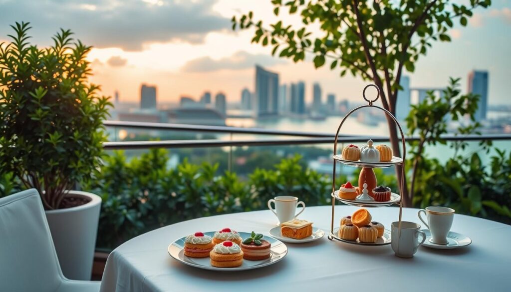 A serene outdoor hotel terrace in Singapore, overlooking the iconic Marina Bay skyline. Soft, warm lighting bathes the scene, creating a cozy, inviting atmosphere. In the foreground, a delicate afternoon tea spread is laid out on a pristine white tablecloth, with fine china, tiered trays, and an assortment of delectable pastries and finger sandwiches. Lush, verdant greenery frames the scene, transporting the viewer to a tranquil oasis amidst the bustling city. The camera angle is slightly elevated, capturing the breathtaking panoramic view of the harbor and the striking architecture of the Singapore skyline in the background. An elegant, sophisticated ambiance permeates the entire composition, inviting the viewer to savor the moment and indulge in the luxury of an unforgettable afternoon tea experience.