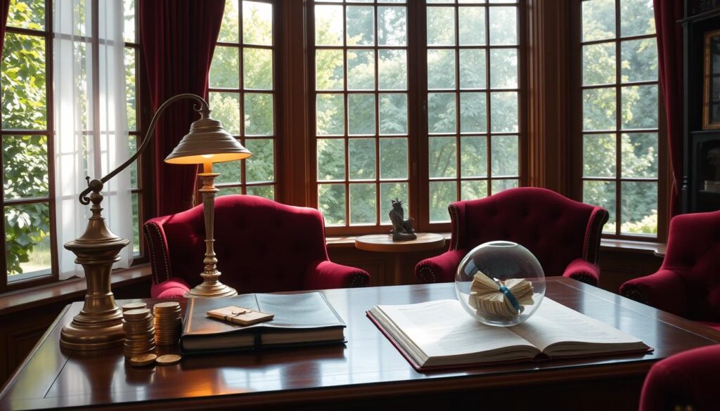 A serene, sunlit study with a large window overlooking a lush, verdant garden. On a polished mahogany desk, a stack of gold coins and a leather-bound ledger symbolize the accumulation of wealth. Beside it, an ornate brass lamp casts a warm glow, illuminating a glass piggy bank filled with crisp banknotes. Plush armchairs in rich burgundy velvet invite the viewer to sit and contemplate the financial journey. The overall atmosphere conveys a sense of security, stability, and the rewards of prudent savings. A serene, sunlit study with a large window overlooking a lush, verdant garden. On a polished mahogany desk, a stack of gold coins and a leather-bound ledger symbolize the accumulation of wealth. Beside it, an ornate brass lamp casts a warm glow, illuminating a glass piggy bank filled with crisp banknotes. Plush armchairs in rich burgundy velvet invite the viewer to sit and contemplate the financial journey. The overall atmosphere conveys a sense of security, stability, and the rewards of prudent savings.