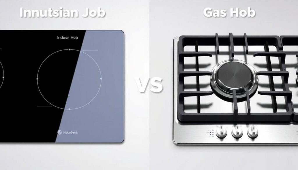 A side-by-side comparison of an induction hob and a gas hob, set against a neutral background with soft, diffused lighting. The induction hob is sleek and modern, its smooth glass surface gleaming. The gas hob has a classic design, with metal grates and a subtle flame effect. Both hobs are presented at an angle, showcasing their distinctive features and controls. The scene conveys a sense of thoughtful consideration, inviting the viewer to compare the advantages and disadvantages of these two popular cooking technologies.