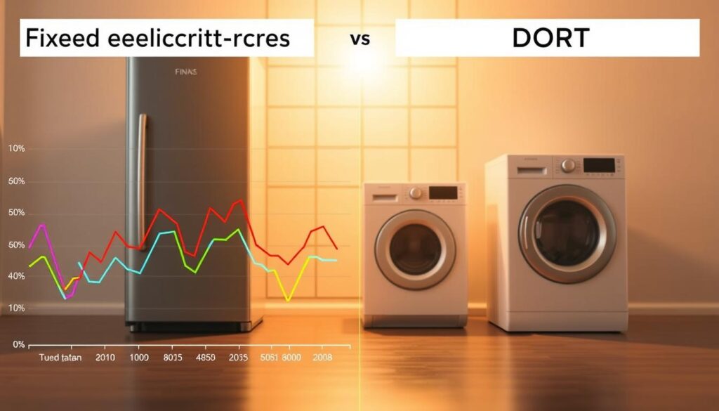 A side-by-side visual comparison of a fixed electricity price plan and a DORT (Dynamic Online Retail Tariff) plan, captured under warm, diffused lighting to convey a sense of clarity and insight. In the foreground, colorful line graphs illustrate the fluctuating rates of the DORT plan, juxtaposed with the stable, flat line of the fixed price plan. In the middle ground, two household appliances, such as a refrigerator and a washing machine, suggest the practical application of these plans. The background features a minimalist, geometric grid, emphasizing the analytical nature of the comparison. The overall composition aims to provide a visually engaging and informative representation of the key differences between the two electricity plan options.