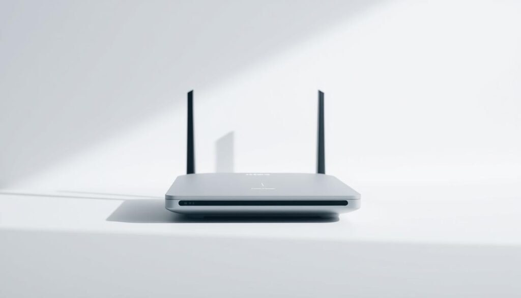 A sleek and minimalist broadband router against a clean, white background. The router is depicted in a low-angle shot, casting a sharp, angular shadow that adds depth and dimensionality. The router's design is modern and stylish, with clean lines and a streamlined silhouette. The lighting is soft and diffused, creating a sense of simplicity and clarity. The overall mood is one of efficiency, practicality, and a no-frills approach to broadband connectivity.