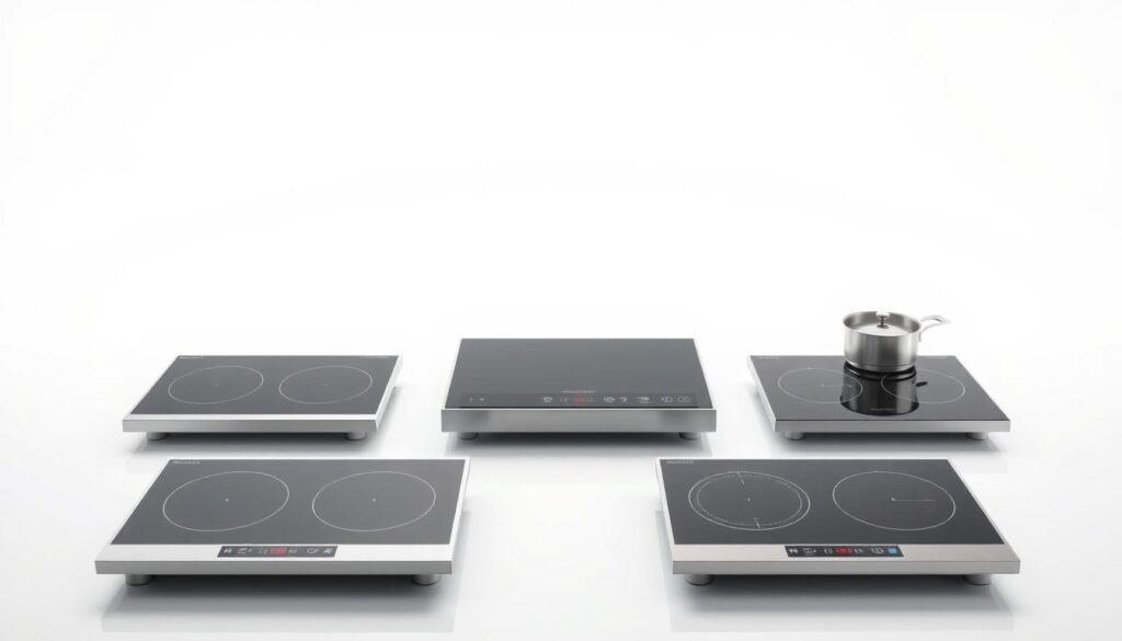 A sleek and modern arrangement of top-of-the-line induction cooktops, showcased in a bright, minimalist studio setting. The cooktops are presented on a clean white surface, with careful attention to their metallic finishes and streamlined designs. Soft, diffused lighting from above creates a sense of sophistication and highlights the cooktops' features. The background is a pure white expanse, allowing the products to take center stage and emphasize their premium quality. The overall scene conveys a sense of efficiency, innovation, and the latest advancements in induction cooking technology.