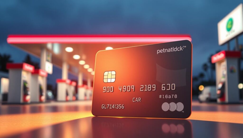 A sleek and modern credit card cast in a warm spotlight, its shiny surface reflecting the soft glow of a petrol station canopy in the background. Fuel pumps and signage create a clean, minimalist cityscape, while the card's design features bold graphics and icons symbolizing cashback rewards. The overall scene conveys a sense of convenience, efficiency, and financial savvy - the ideal visual representation of a top-tier cashback credit card optimized for petrol and transportation expenses.