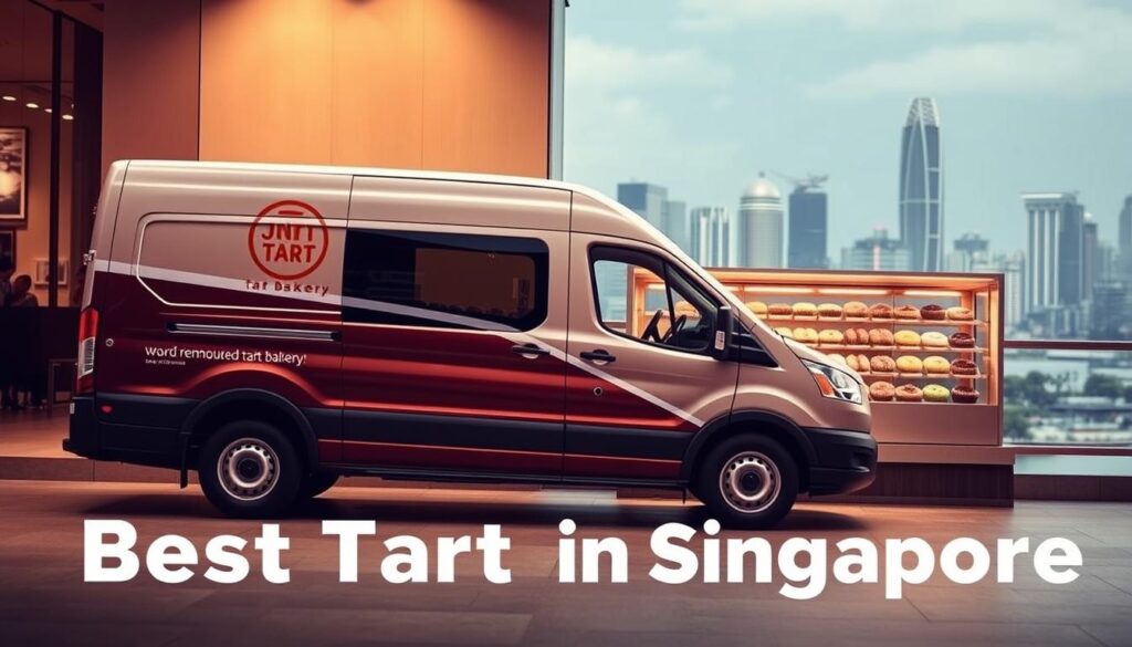 A sleek and modern delivery van parked in the foreground, its sides emblazoned with the logo of a renowned tart bakery. In the middle ground, a well-stocked display of various tart flavors, neatly arranged and temptingly presented. The background features a city skyline, hinting at the bustling urban setting where the bakery operates. The scene is bathed in warm, diffused lighting, creating a cozy and inviting atmosphere. The overall composition conveys the seamless integration of delivery services and the diverse selection of tart flavors, perfectly complementing the article's focus on the best tarts in Singapore.
