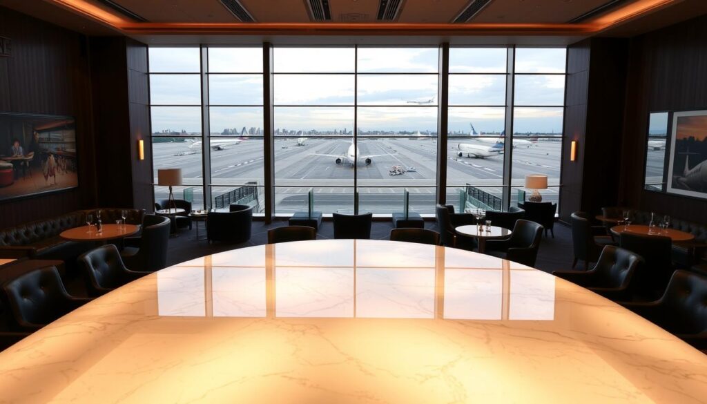 A sleek and modern lounge interior with a panoramic view of Singapore's Changi Airport. The Singapore Concorde Bar features a long, curved marble bar illuminated by warm, muted lighting. Plush leather seating and high-backed chairs surround the bar, creating an intimate and sophisticated ambiance. Tall, floor-to-ceiling windows offer a breathtaking vista of the airport's runways and planes taking off and landing. The walls are adorned with contemporary art pieces and accented by dark wood paneling. A mirrored bar top reflects the activity in the lounge, creating a sense of depth and elegance. The overall atmosphere evokes a luxurious and exclusive experience for discerning travelers.