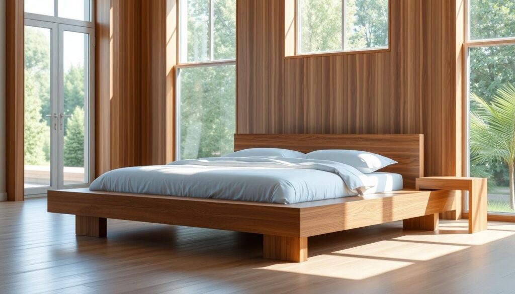 A sleek and modern platform bed frame with a minimalist design, crafted from high-quality wood in a warm, natural tone. The bed is positioned in a well-lit, airy bedroom with large windows allowing natural light to flood the space. The frame features a low profile and clean lines, creating a sense of understated elegance. The bedding is simple yet luxurious, with crisp white sheets and a plush comforter, complementing the overall aesthetic. The room exudes a serene and tranquil atmosphere, perfect for a restful and rejuvenating sleep experience.
