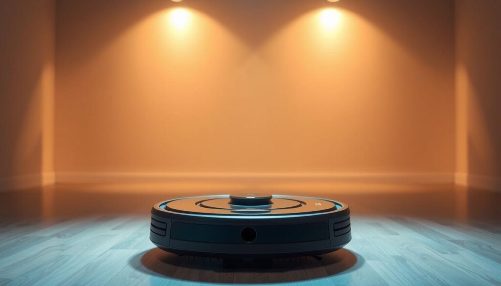 A sleek and modern robot vacuum cleaner designed for hard floors, illuminated by warm overhead lighting. The device is positioned in the foreground, its brushes and sensors visible, conveying a sense of efficiency and functionality. The middle ground features a clean, minimalist background, allowing the vacuum to be the focal point. Soft shadows and reflections on the floor create a sense of depth and realism. The overall scene exudes a professional, high-tech atmosphere suitable for showcasing the best robot vacuum for hard floors.