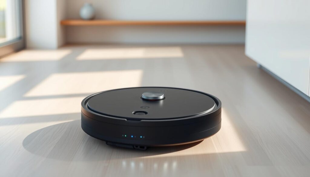 A sleek, budget-friendly robot vacuum cleaner, the Xiaomi Robot Vacuum X20 Max, stands prominently in the foreground. The device sports a minimalist design with a matte black finish and clean lines. Vibrant LED indicators on its surface provide visual feedback. The robot vacuum is captured in a well-lit, modern interior setting, with soft shadows cast across the floor, suggesting directional lighting. The background features a clean, uncluttered space, allowing the robotic appliance to take center stage. The overall mood is one of practical efficiency and understated elegance, showcasing the Xiaomi Robot Vacuum X20 Max as a capable, affordable home cleaning solution.