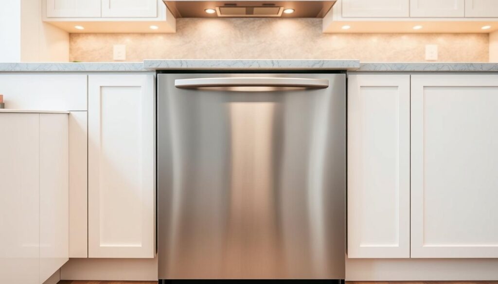 A sleek, built-in dishwasher standing prominently in a modern, well-appointed kitchen. Polished stainless steel finish, with clean lines and a subtle control panel. Positioned against a backdrop of minimalist white cabinetry and gray marble countertops, illuminated by warm, overhead lighting. The dishwasher door is slightly ajar, hinting at its function and ready to accept a fresh load. The scene conveys a sense of efficiency, convenience, and seamless integration into the kitchen's contemporary design.