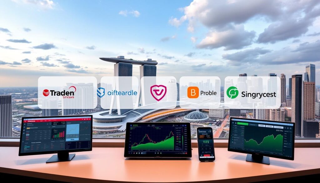 A sleek, contemporary interface showcasing the top trading platforms in Singapore. In the foreground, a clean dashboard with intuitive menus, live market data, and trading analytics displayed on high-resolution screens. In the middle ground, the logos of leading Singaporean brokerages and their cutting-edge mobile apps, all seamlessly integrated. The background is a panoramic view of the Singapore skyline, with the iconic Marina Bay Sands hotel and the vibrant financial district creating an atmosphere of innovation and global connectivity. The scene is bathed in warm, professional lighting, capturing the precision and dynamism of the Singaporean trading landscape.