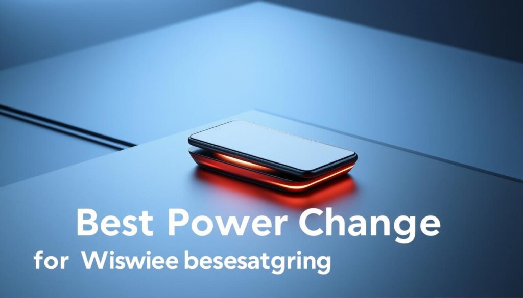 A sleek, futuristic wireless charging station rests on a minimalist, matte black surface. Bathed in warm, diffuse lighting, the charging pad emits a subtle glow, inviting the user to place their device upon it. In the background, a gradient of soft blues and grays creates a serene, high-tech ambiance, while clean lines and angular forms lend an air of modern sophistication. The composition emphasizes the seamless integration of wireless charging technology into a contemporary, streamlined design, perfectly capturing the essence of the "Best Power Bank for Wireless Charging" section.