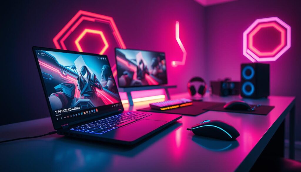 A sleek, high-performance gaming laptop rests on a minimalist desk, surrounded by a dynamic array of RGB lighting and futuristic accessories. In the foreground, the laptop's display showcases stunning 3D graphics and smooth gameplay, with a depth of field that draws the viewer's attention. The middle ground features a modern, ergonomic gaming keyboard and mouse, their angular designs complementing the laptop's sharp lines. In the background, a moody, sci-fi-inspired environment sets the tone, with geometric shapes, holographic elements, and a subtle color palette that evokes the power and sophistication of contemporary gaming setups. Cinematic lighting, a shallow depth of field, and a sense of depth and scale create an immersive, technologically advanced scene.