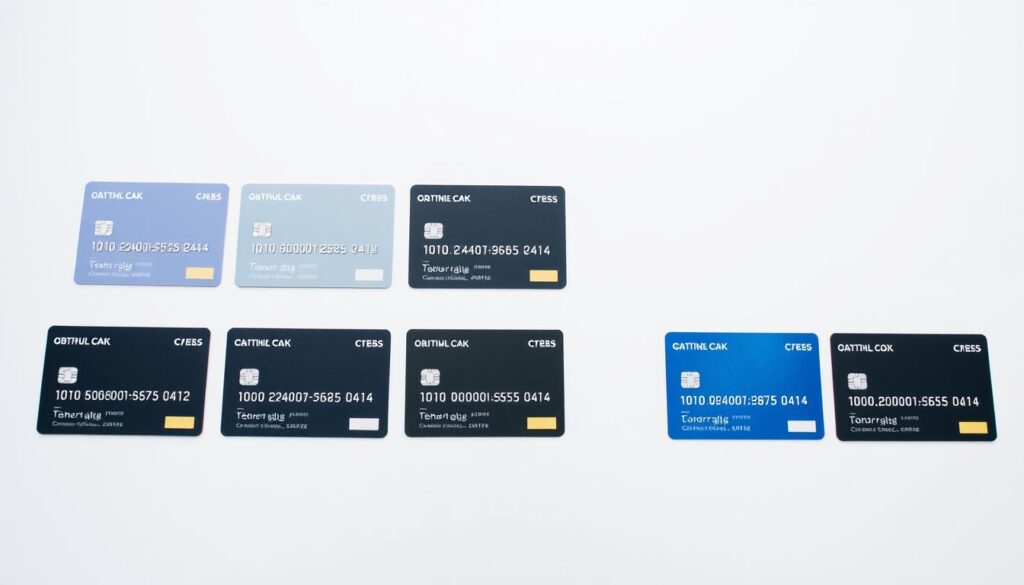 A sleek, minimalist comparison of cashback credit cards displayed on a clean, white table. The cards are arranged in a grid, each showcasing its key features - annual fee, rewards rate, and other benefits - in a clear, easy-to-read format. The lighting is soft and evenly distributed, creating a professional, trustworthy atmosphere. The camera angle is slightly elevated, giving a birds-eye view of the cards, emphasizing the comparative nature of the scene. The background is a simple, uncluttered gradient, allowing the cards to take center stage and the viewer to focus on the essential details needed to make an informed decision.