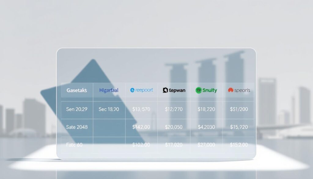 A sleek, minimalist rendering of a trading fees comparison for Singapore's top brokers. In the foreground, a transparent grid chart displays broker logos and their respective commission rates, presented in a clean, data-driven layout. The middle ground features abstract geometric shapes in muted tones of gray, blue, and green, hinting at the financial landscape. The background has a subtle, blurred cityscape silhouette, suggesting the urban setting. Bright, directional lighting casts soft shadows, creating depth and emphasizing the key information. The overall mood is professional, informative, and visually striking, capturing the essence of the "Comparing Fees: What to Expect" section.