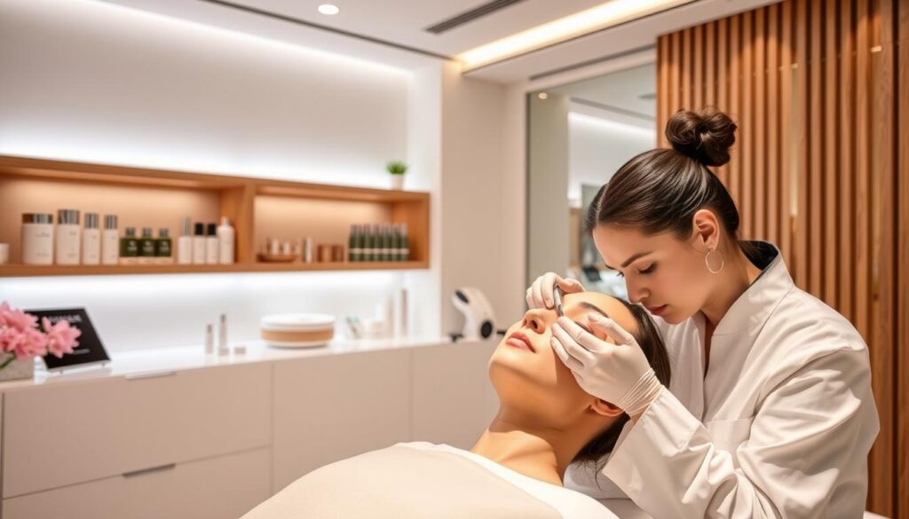 A sleek, modern aesthetic clinic in Singapore, with a serene and luxurious ambiance. In the foreground, a skilled aesthetician delicately applies a rejuvenating sculpting treatment to a client's face, using precision tools and techniques. The middle ground showcases a range of advanced skincare products and equipment, arranged neatly on minimalist shelves. The background features a clean, minimalist design with soft, diffused lighting, creating a calming and tranquil atmosphere. The entire scene conveys a sense of professionalism, expertise, and a commitment to providing the best possible aesthetic experiences.