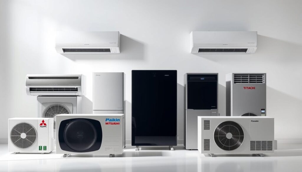 A sleek, modern arrangement of the top air conditioning brands in Singapore, captured in a well-lit, high-quality studio setting. Prominent models from Daikin, Mitsubishi, Panasonic, Toshiba, and Hitachi are displayed against a clean, minimalist background, showcasing their innovative designs and cutting-edge features. The image is captured from a slightly elevated angle, creating a sense of prestige and authority, while the lighting accentuates the sleek lines and glossy finishes of the air conditioning units. The overall tone is professional and aspirational, reflecting the high-quality and desirability of these top aircon brands in the Singaporean market.