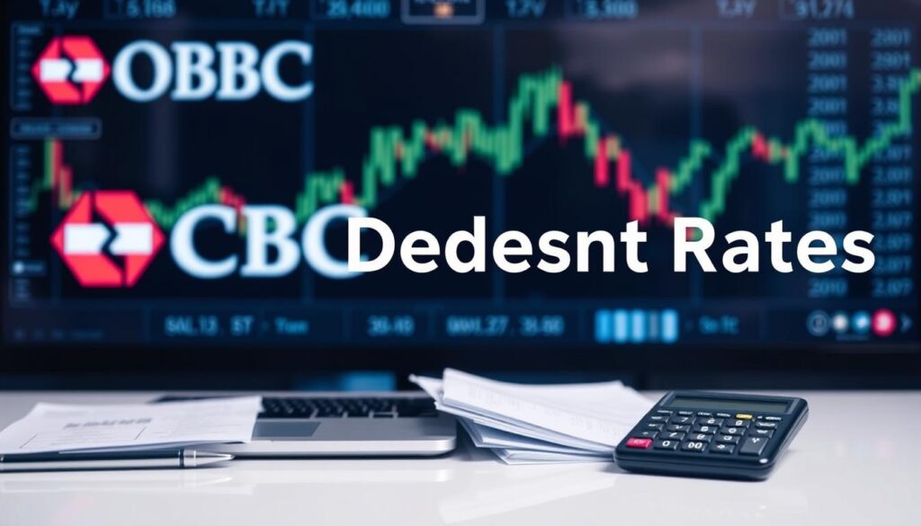 A sleek, modern desktop setup with a laptop, documents, and a calculator prominently displayed, all set against a blurred background of the OCBC logo and financial charts. The image has a cool, professional tone with soft, directional lighting that emphasizes the key elements. The scene conveys a sense of financial analysis and decision-making, perfectly suited to illustrate the "OCBC Fixed Deposit Rates" section of the article.